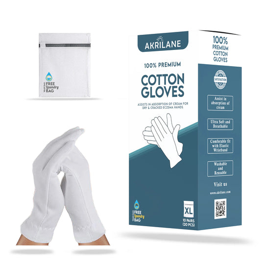 XL Extra Large 100% Premium Cotton Gloves for Dry Hands | Moisturizing Overnight Gloves for Eczema, Psoriasis & Skin Spa Treatment for Women & Men | Washable & Reusable with Free Laundry Bag - Akrilane