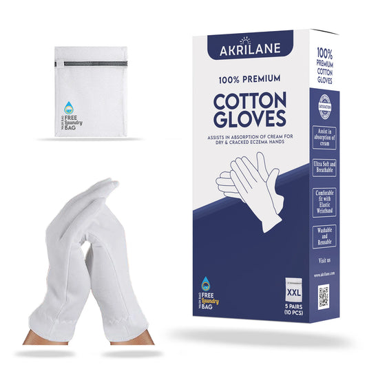 XXL Extra Extra Large 100% Premium Cotton Gloves for Dry Hands | Moisturizing Overnight Gloves for Eczema, Psoriasis & Skin Spa Treatment - Akrilane
