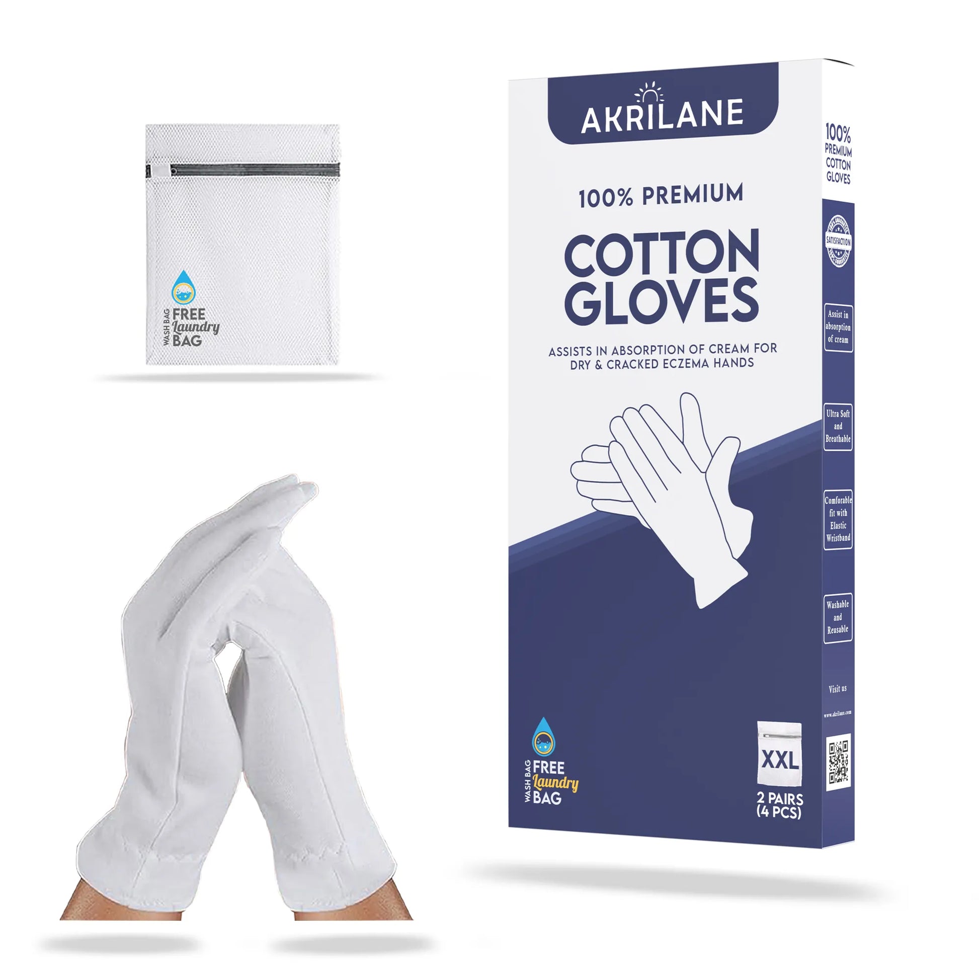 XXL Extra Extra Large 100% Premium Cotton Gloves for Dry Hands | Moisturizing Overnight Gloves for Eczema, Psoriasis & Skin Spa Treatment - Akrilane