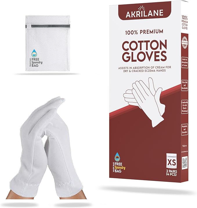 XS 100% Cotton Gloves for Dry Hands, Eczema & Psoriasis Relief | Moisturizing Spa Gloves for Women & Men | Reusable Overnight Gloves with Free Wash Bag