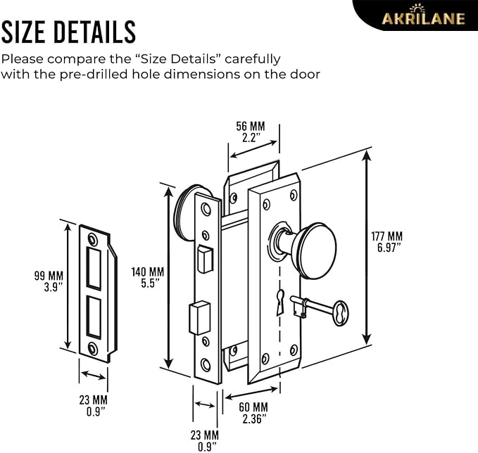 AKRILANE Mortise Lock Set Interior Door Antique & Vintage Style Knob with Keys
