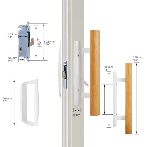 AKRILANE Patio Sliding Glass Door Handle Set | Non - Keyed Mortise Lock with 45° Keyway | 3 - 15/16" Hole Spacing with Non - keyed Oak Wood Inside Handles and Zinc Diecast Outside Pull - Akrilane