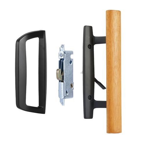 AKRILANE Patio Sliding Glass Door Handle Set | Non - Keyed Mortise Lock with 45° Keyway | 3 - 15/16" Hole Spacing with Non - keyed Oak Wood Inside Handles and Zinc Diecast Outside Pull - Akrilane