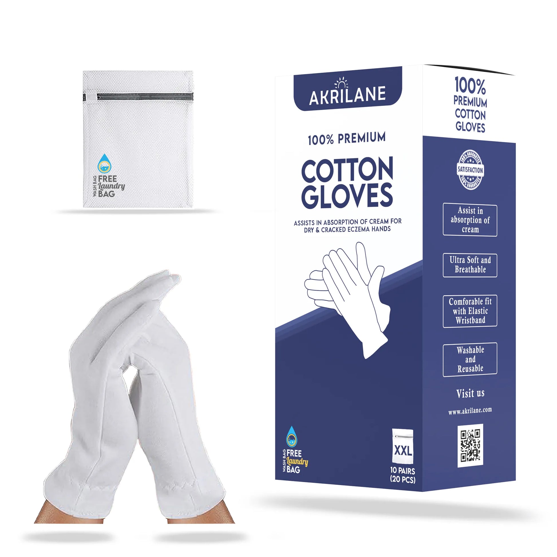 XXL Extra Extra Large 100% Premium Cotton Gloves for Dry Hands | Moisturizing Overnight Gloves for Eczema, Psoriasis & Skin Spa Treatment - Akrilane