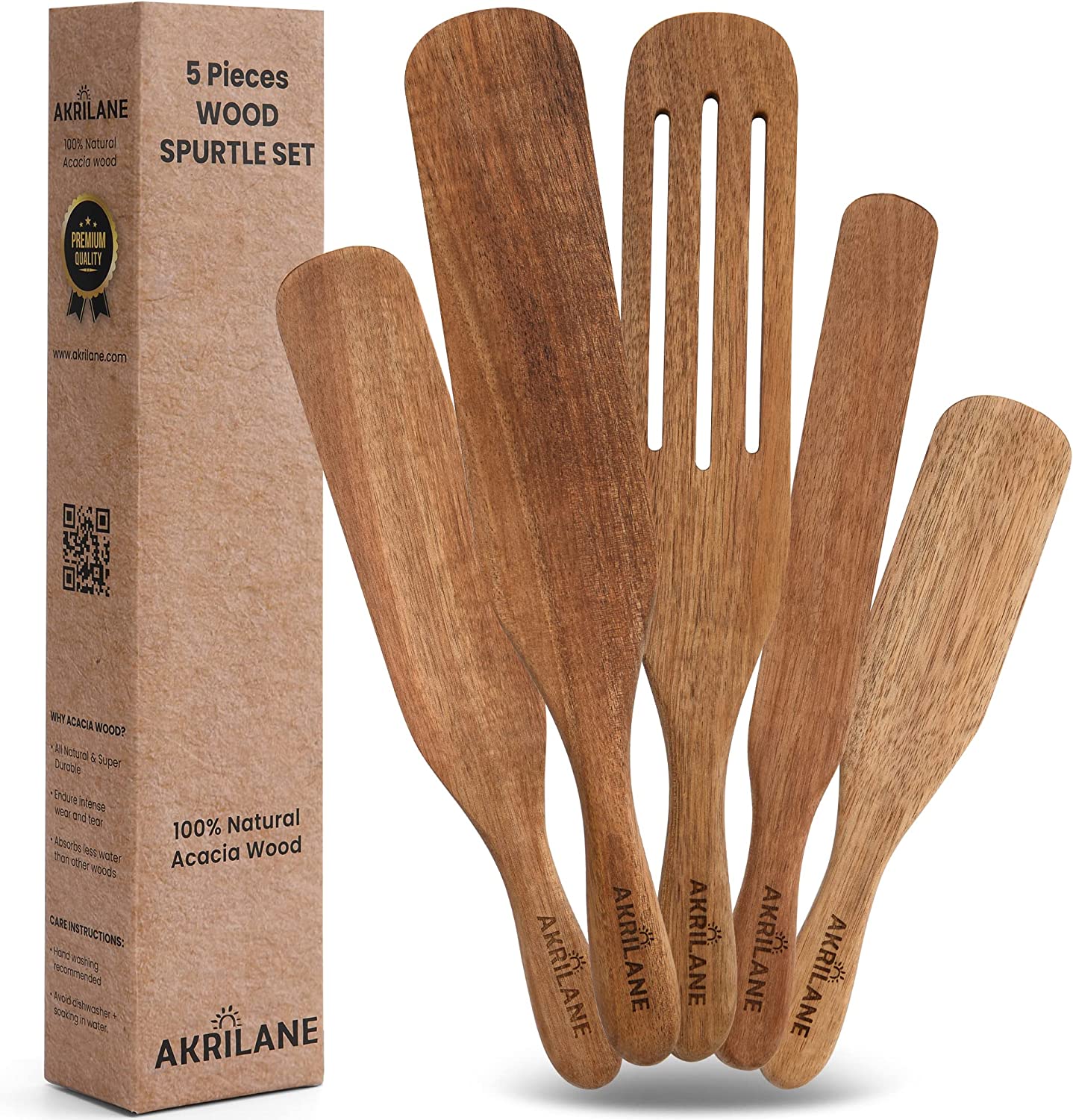 Akrilane - Wooden Spurtle Set | Premium Wooden Serving Utensils | Spurtles Kitchen Tools | Non-Stick Heat Resistant for Wood Cookware for Mixing, Whisking, Stirring, Flipping, Serving | Set of 5 - Akrilane