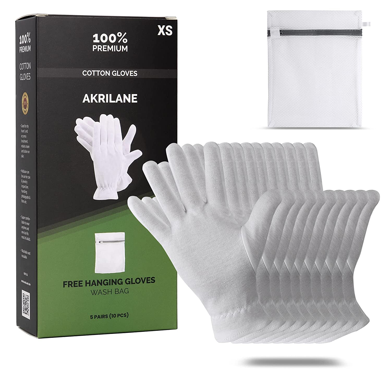 Akrilane - XS Extra Small Cotton Gloves For Dry Hands, Moisturizing Gloves Overnight, Eczema Treatment, Skin Spa Therapy, Cosmetic Jewelry Inspection Premium Quality - Akrilane
