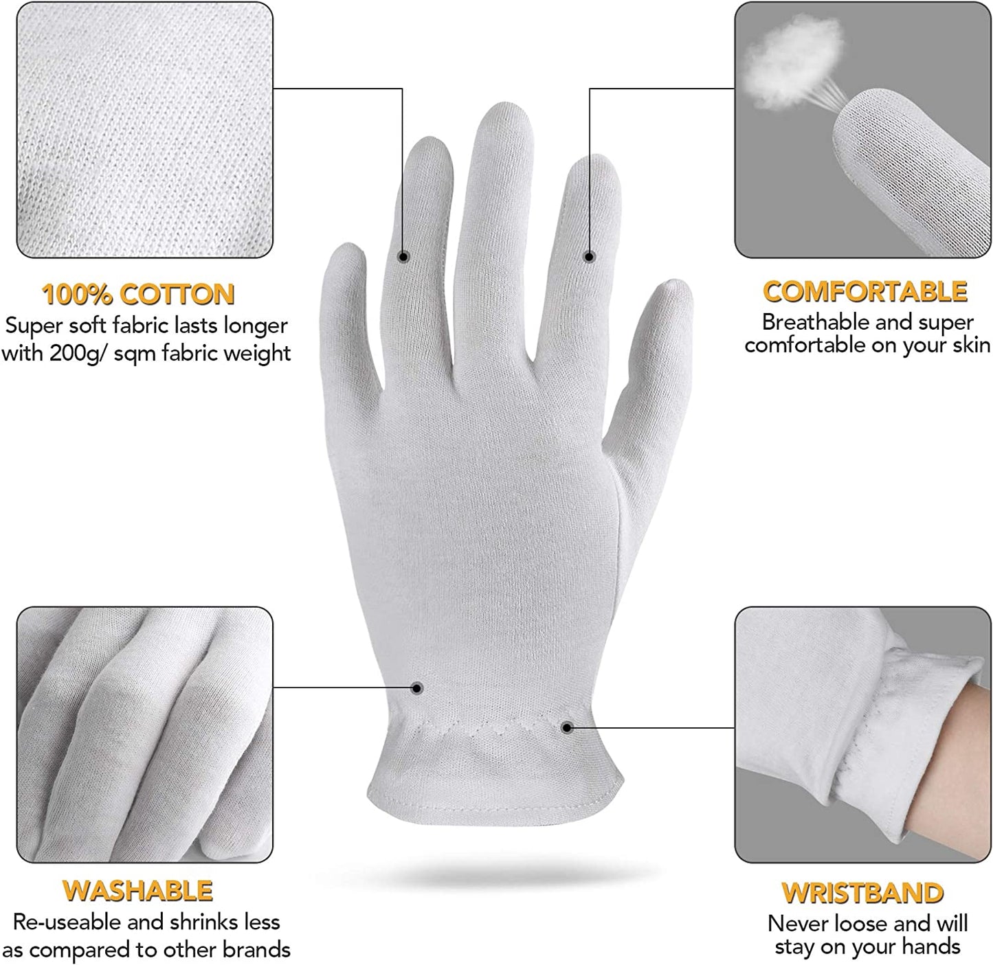 Akrilane - Cotton Gloves for Dry Hands, Moisturizing Gloves Overnight, Eczema Treatment, Skin Spa Therapy, Cosmetic Jewelry Inspection Premium Quality - One Size Fits All - Akrilane