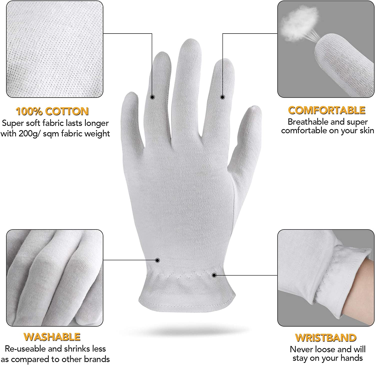 Akrilane - Cotton Gloves for Dry Hands, Moisturizing Gloves Overnight, Eczema Treatment, Skin Spa Therapy, Cosmetic Jewelry Inspection Premium Quality - One Size Fits All - Akrilane
