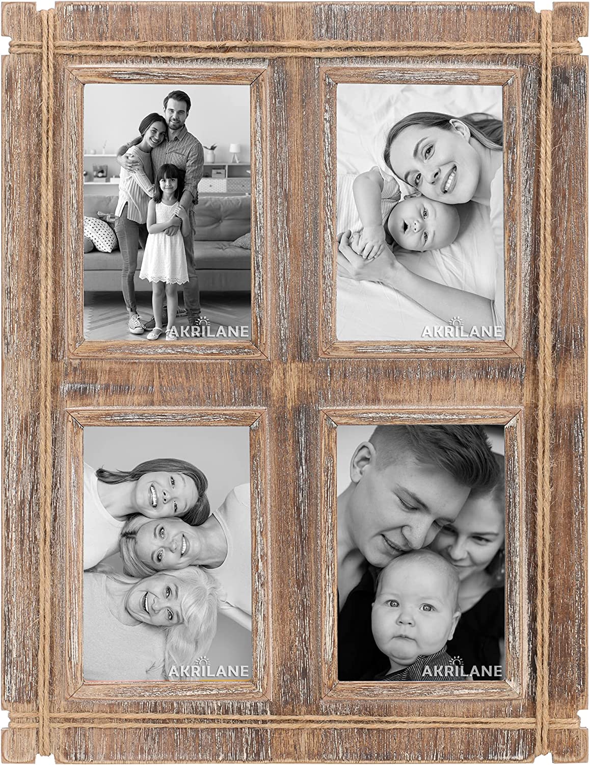 Akrilane - 4x6, 4 Openings -Wooden Photo Frame | Vintage Style Rustic Looking 4 by 6 Wood Frames For Wall Display with Acrylic Cover | Decorative Distressed Collage Photo Frames - Light Rope - Akrilane