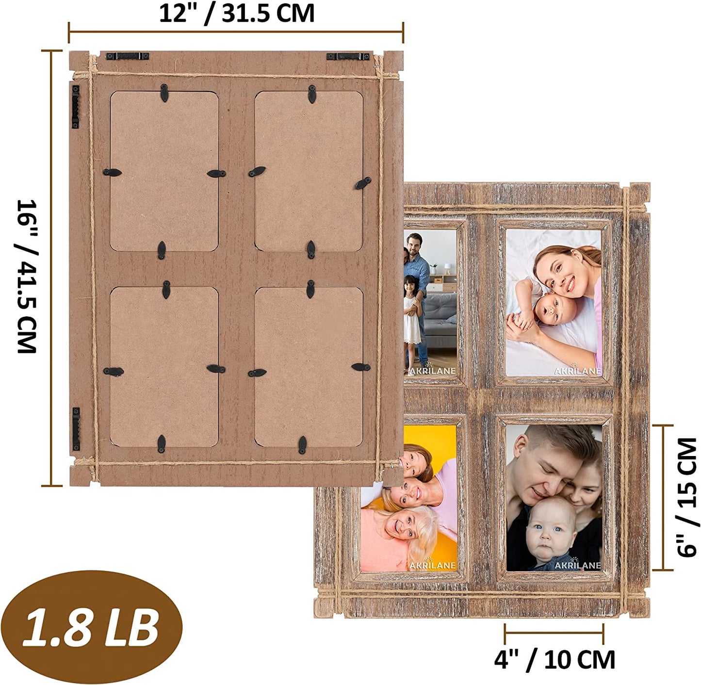 Akrilane - 4x6, 4 Openings -Wooden Photo Frame | Vintage Style Rustic Looking 4 by 6 Wood Frames For Wall Display with Acrylic Cover | Decorative Distressed Collage Photo Frames - Light Rope - Akrilane