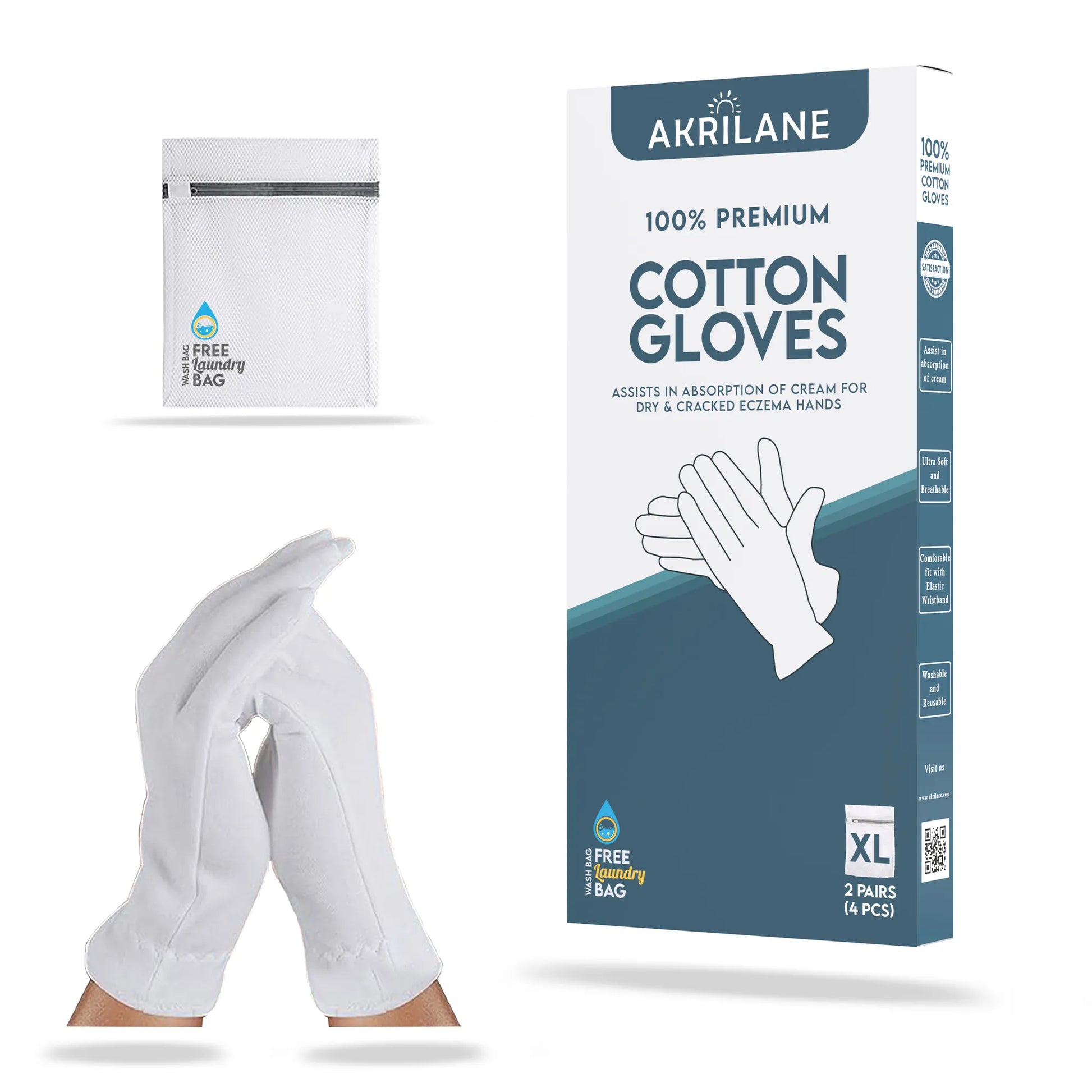 XL Extra Large 100% Premium Cotton Gloves for Dry Hands | Moisturizing Overnight Gloves for Eczema, Psoriasis & Skin Spa Treatment for Women & Men | Washable & Reusable with Free Laundry Bag - Akrilane