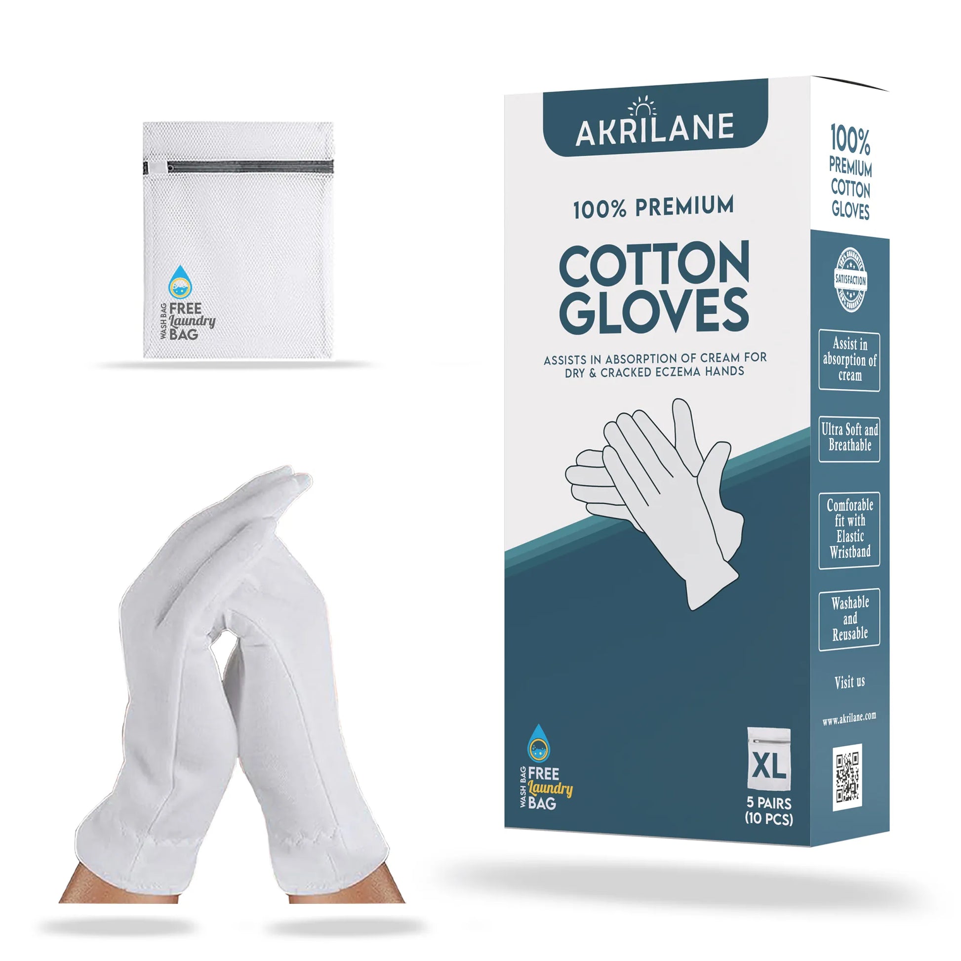 XL Extra Large 100% Premium Cotton Gloves for Dry Hands | Moisturizing Overnight Gloves for Eczema, Psoriasis & Skin Spa Treatment for Women & Men | Washable & Reusable with Free Laundry Bag - Akrilane