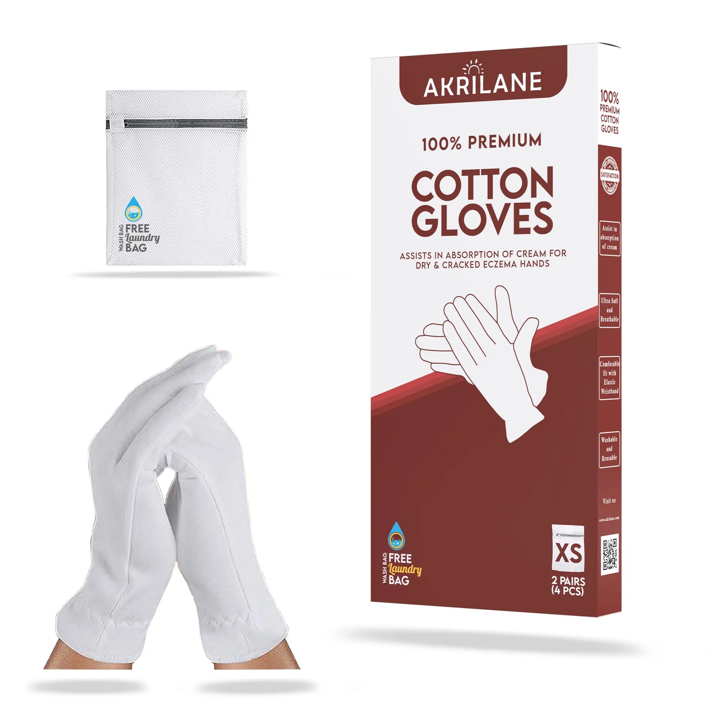 XS 100% Cotton Gloves for Dry Hands, Eczema & Psoriasis Relief | Moisturizing Spa Gloves for Women & Men | Reusable Overnight Gloves with Free Wash Bag - Akrilane
