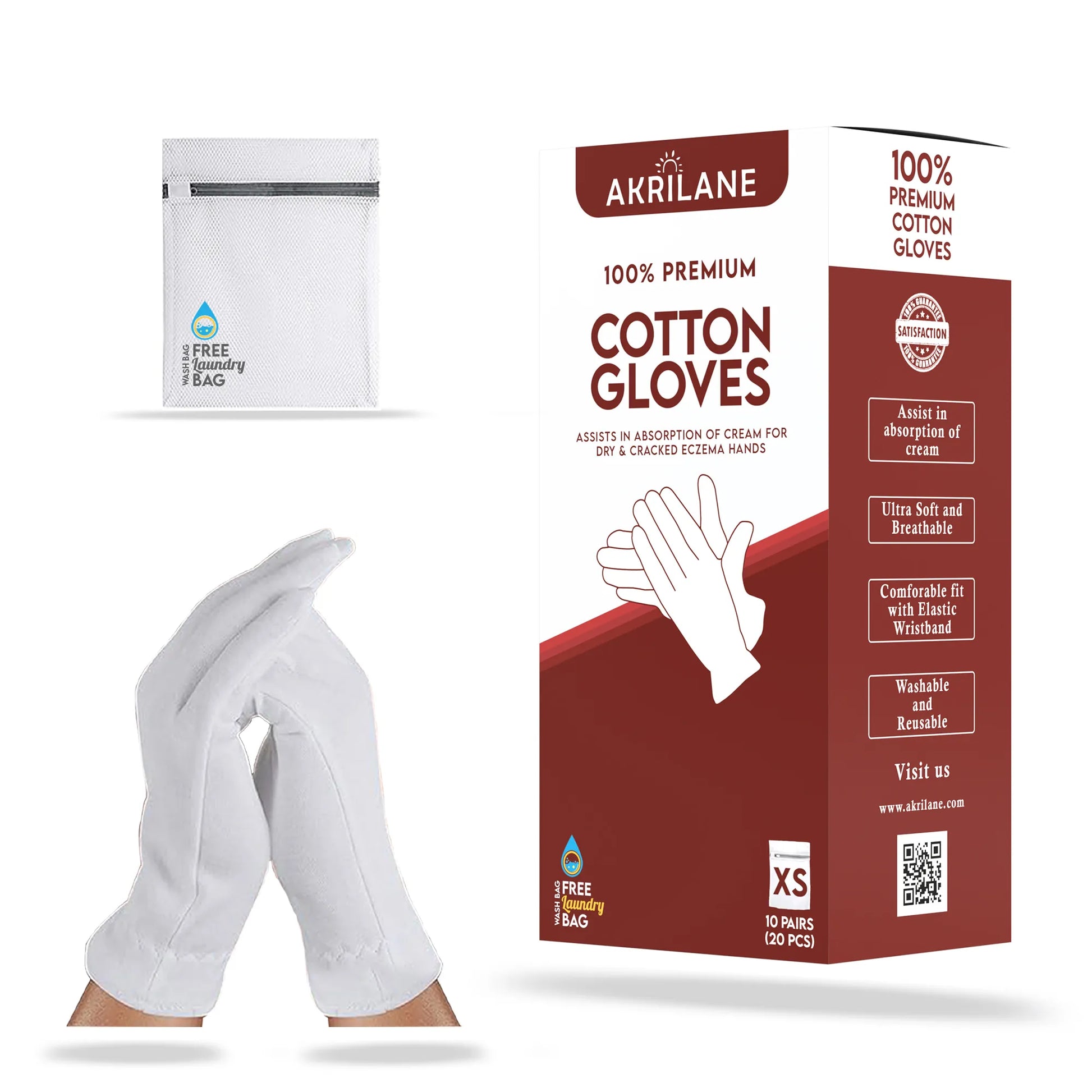 XS 100% Cotton Gloves for Dry Hands, Eczema & Psoriasis Relief | Moisturizing Spa Gloves for Women & Men | Reusable Overnight Gloves with Free Wash Bag - Akrilane