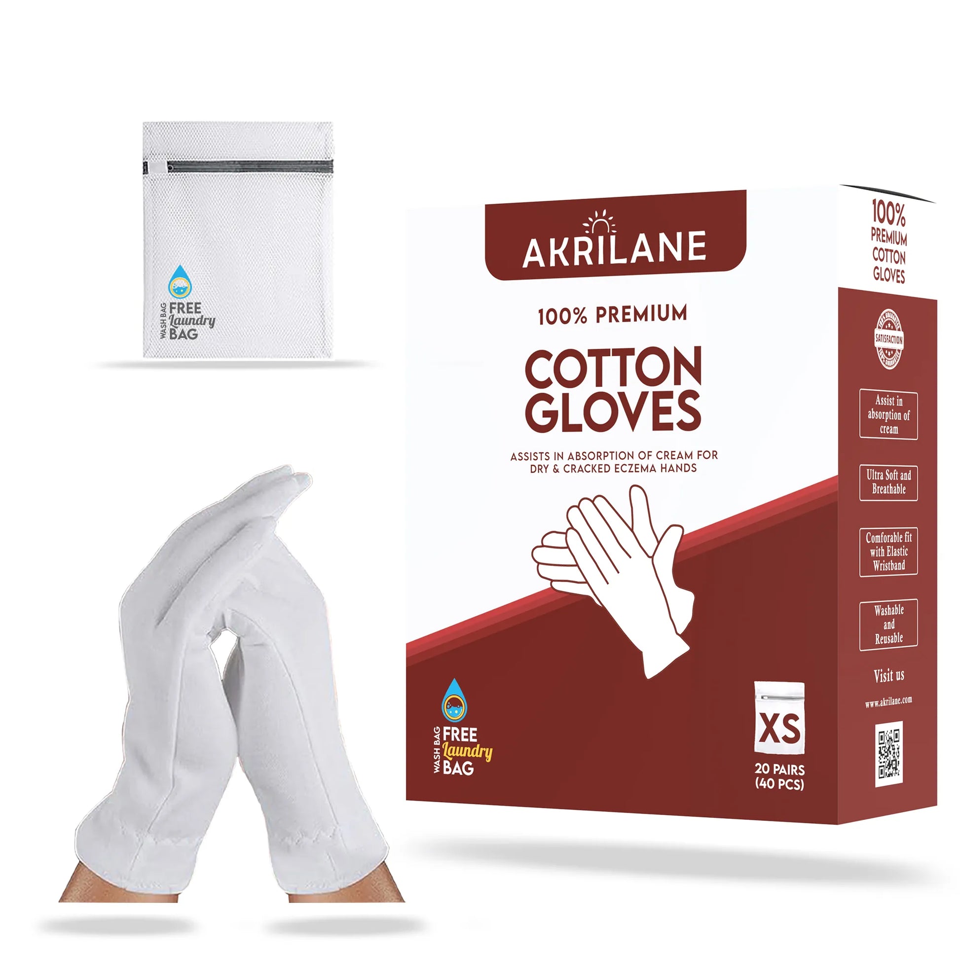 XS 100% Cotton Gloves for Dry Hands, Eczema & Psoriasis Relief | Moisturizing Spa Gloves for Women & Men | Reusable Overnight Gloves with Free Wash Bag - Akrilane