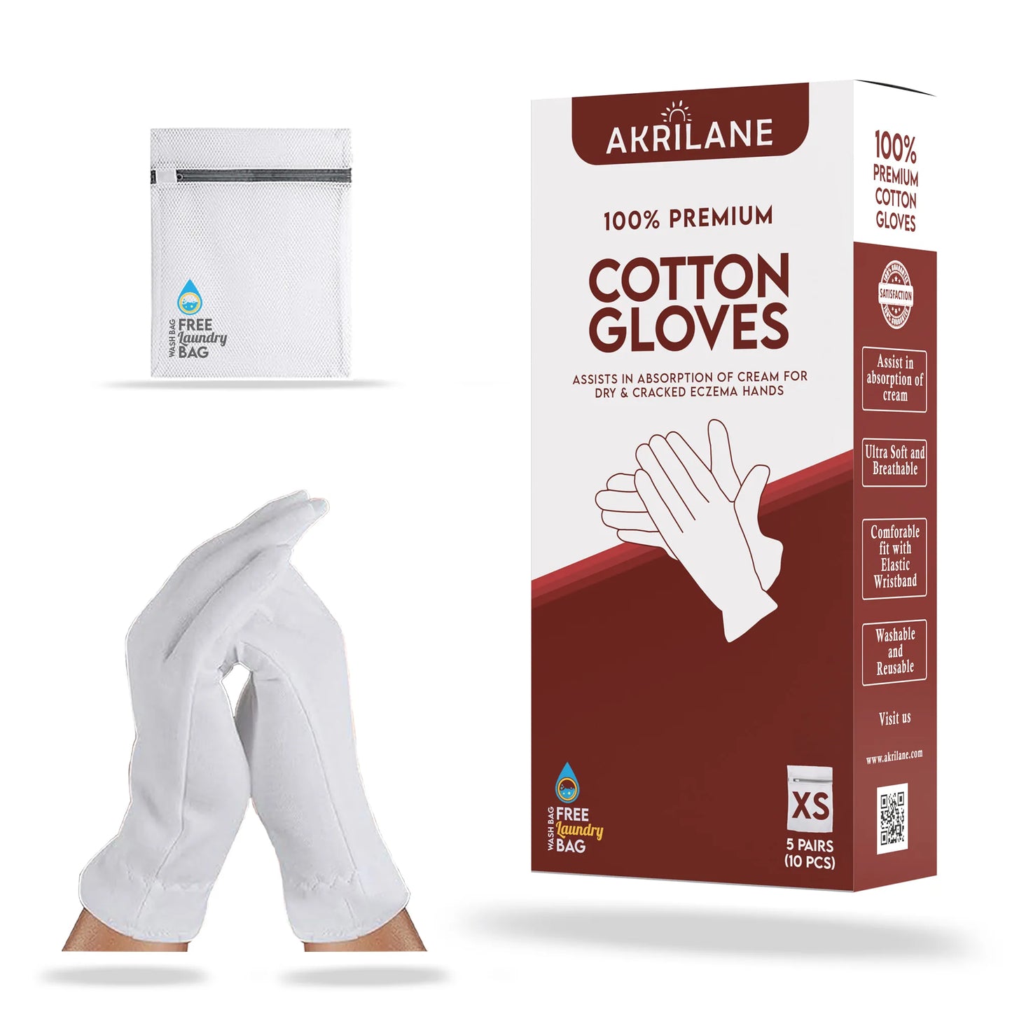 XS 100% Cotton Gloves for Dry Hands, Eczema & Psoriasis Relief | Moisturizing Spa Gloves for Women & Men | Reusable Overnight Gloves with Free Wash Bag - Akrilane