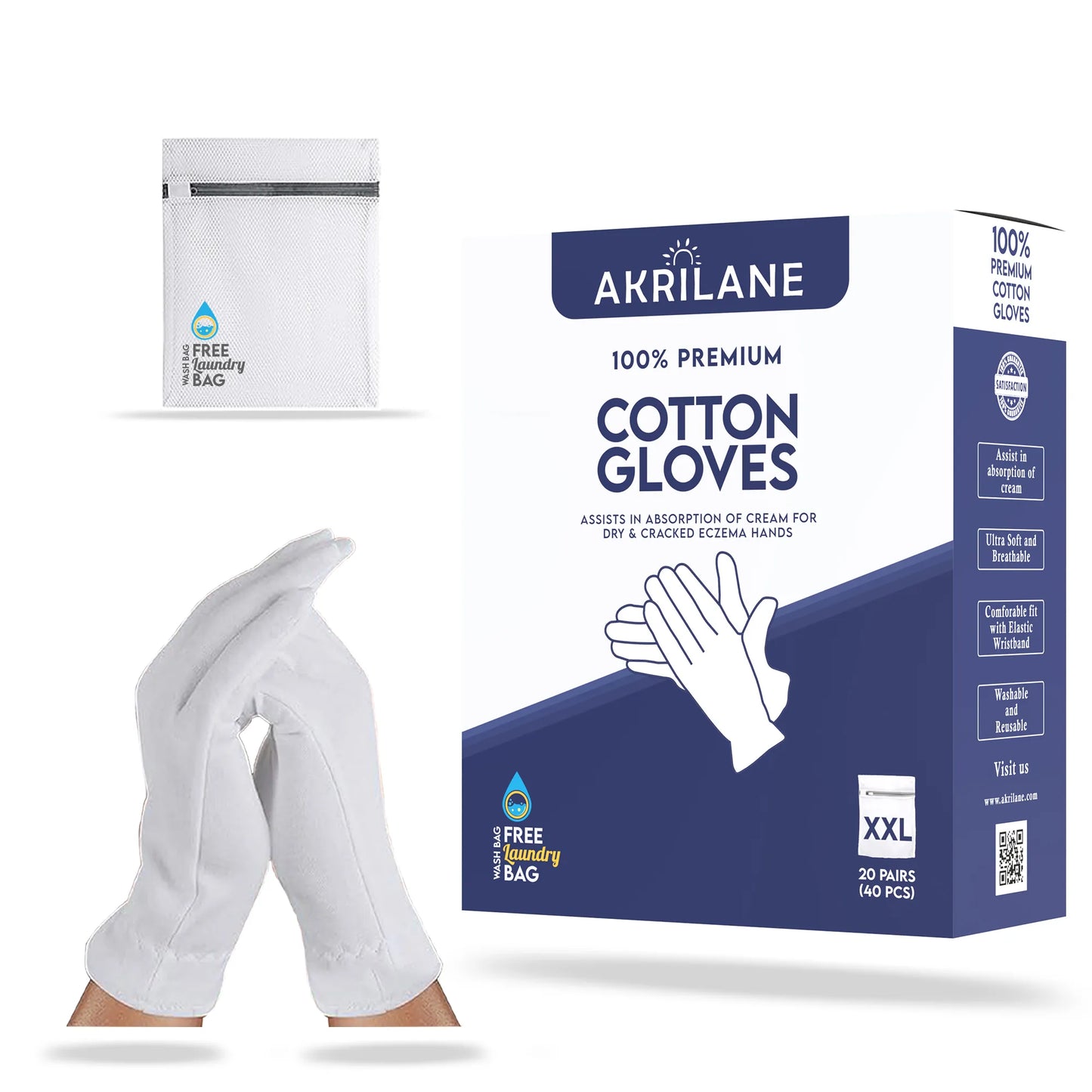 XXL Extra Extra Large 100% Premium Cotton Gloves for Dry Hands | Moisturizing Overnight Gloves for Eczema, Psoriasis & Skin Spa Treatment - Akrilane