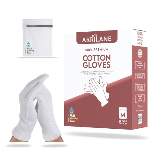 Medium - 100% Premium Cotton Gloves for Dry Hands | Moisturizing Overnight Gloves for Eczema, Psoriasis & Skin Spa Treatment for Women & Men | Free Laundry Bag - Akrilane