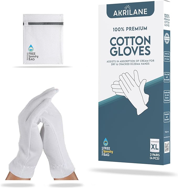 XL Extra Large 2 Pairs 100% Premium Cotton Gloves for Dry Hands | Moisturizing Overnight Gloves for Eczema, Psoriasis & Skin Spa Treatment for Women & Men | Washable & Reusable with Free Laundry Bag