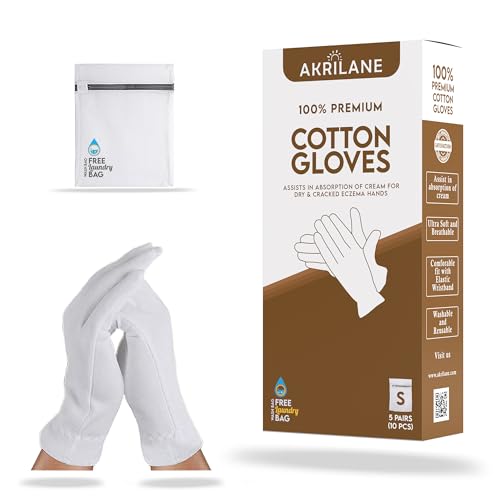 XS - 100% Premium Cotton Gloves for Dry Hands | Moisturizing Overnight Gloves for Eczema, Psoriasis & Skin Spa Treatment for Women & Men | Washable & Reusable with Free Laundry Bag - Akrilane