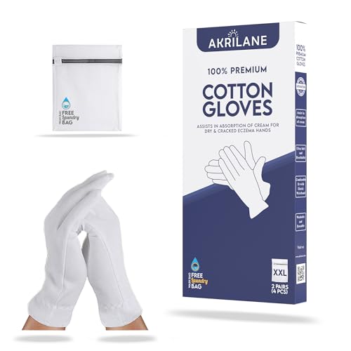 XXL Extra Extra Large 100% Premium Cotton Gloves for Dry Hands | Moisturizing Overnight Gloves for Eczema, Psoriasis & Skin Spa Treatment for Women & Men | Free Laundry Bag… - Akrilane