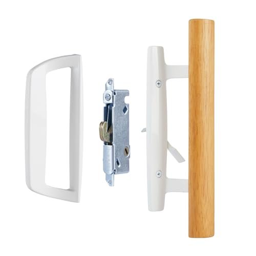 AKRILANE Patio Sliding Glass Door Handle Set | Non - Keyed Mortise Lock with 45° Keyway | 3 - 15/16" Hole Spacing with Non - keyed Oak Wood Inside Handles and Zinc Diecast Outside Pull - Akrilane