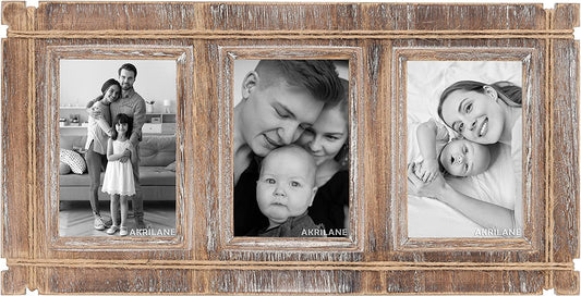 Akrilane - 4x6, 3 Openings - Wooden Photo Frame | Vintage Style Rustic Looking 4 by 6 Wood Frames For Wall Display with Acrylic Cover | Decorative Distressed Collage Photo Frames - Light Rope - Akrilane
