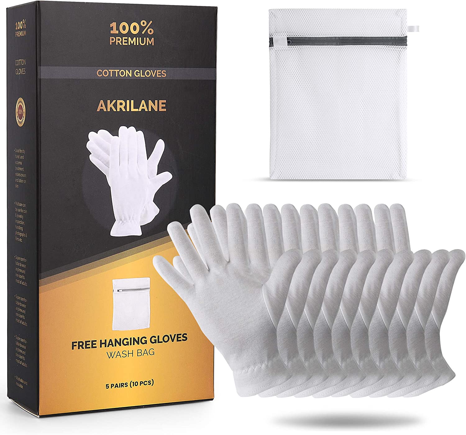 Akrilane - Cotton Gloves for Dry Hands, Moisturizing Gloves Overnight, Eczema Treatment, Skin Spa Therapy, Cosmetic Jewelry Inspection Premium Quality - One Size Fits All - Akrilane
