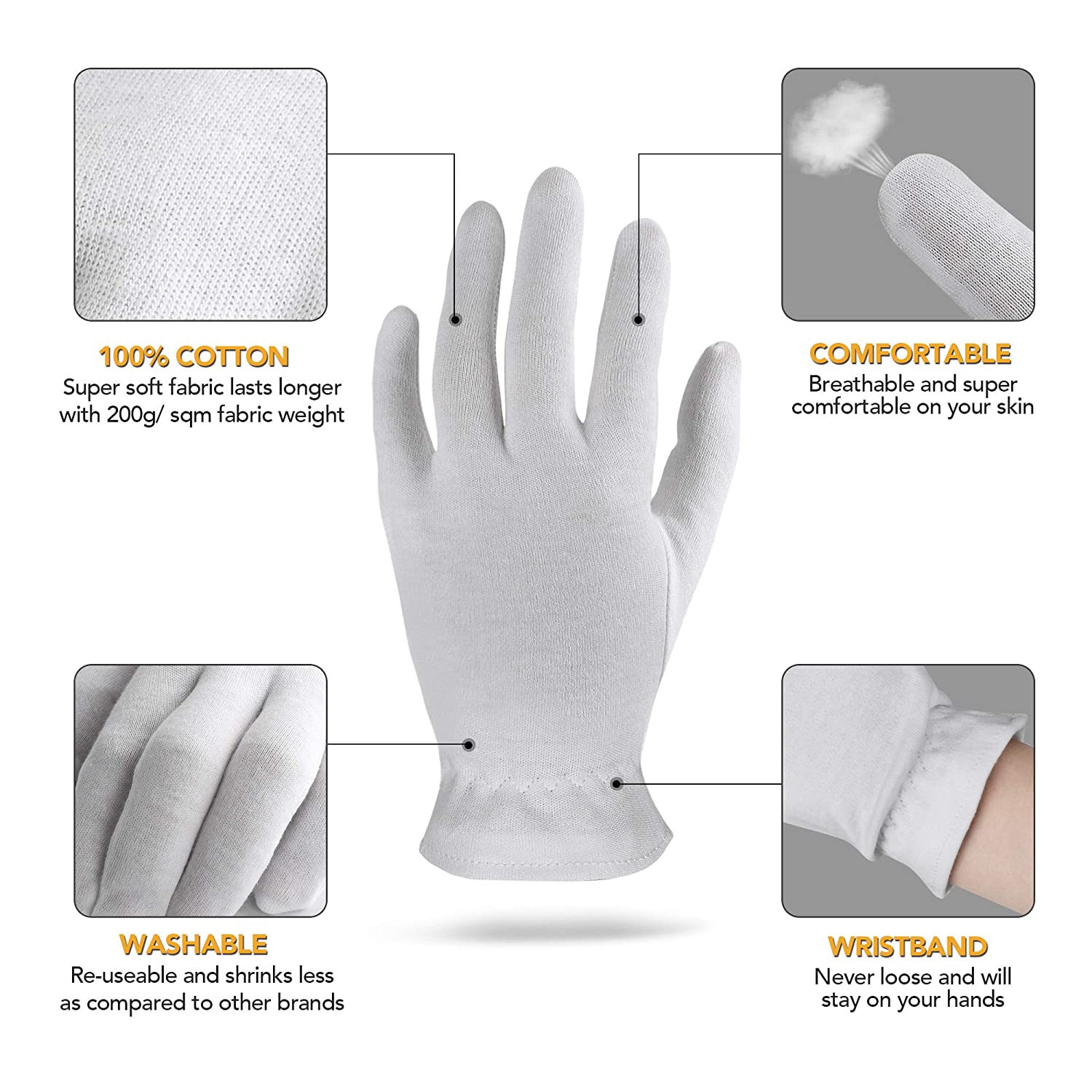Akrilane - XS Extra Small Cotton Gloves For Dry Hands, Moisturizing Gloves Overnight, Eczema Treatment, Skin Spa Therapy, Cosmetic Jewelry Inspection Premium Quality - Akrilane