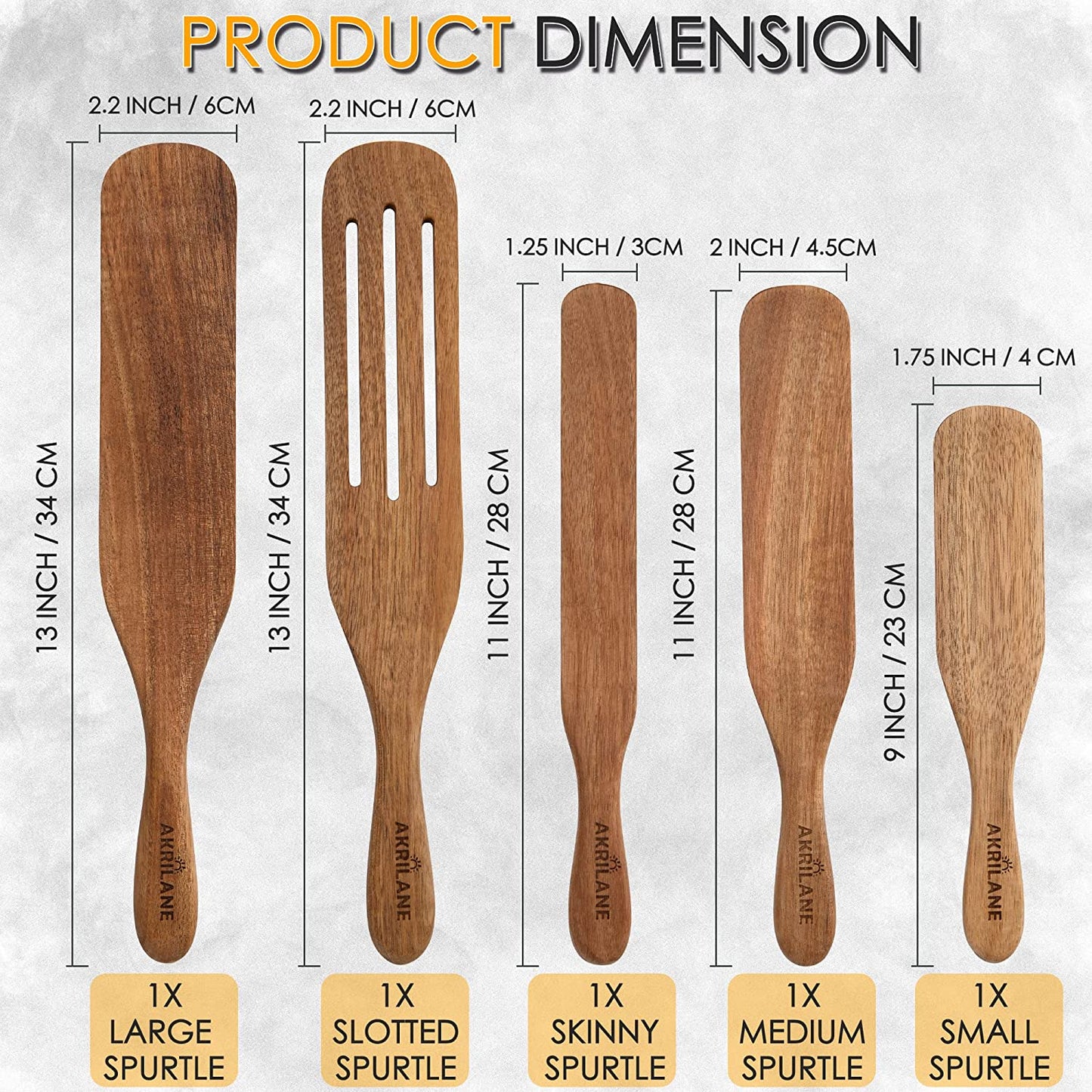 Akrilane - Wooden Spurtle Set | Premium Wooden Serving Utensils | Spurtles Kitchen Tools | Non-Stick Heat Resistant for Wood Cookware for Mixing, Whisking, Stirring, Flipping, Serving | Set of 5 - Akrilane